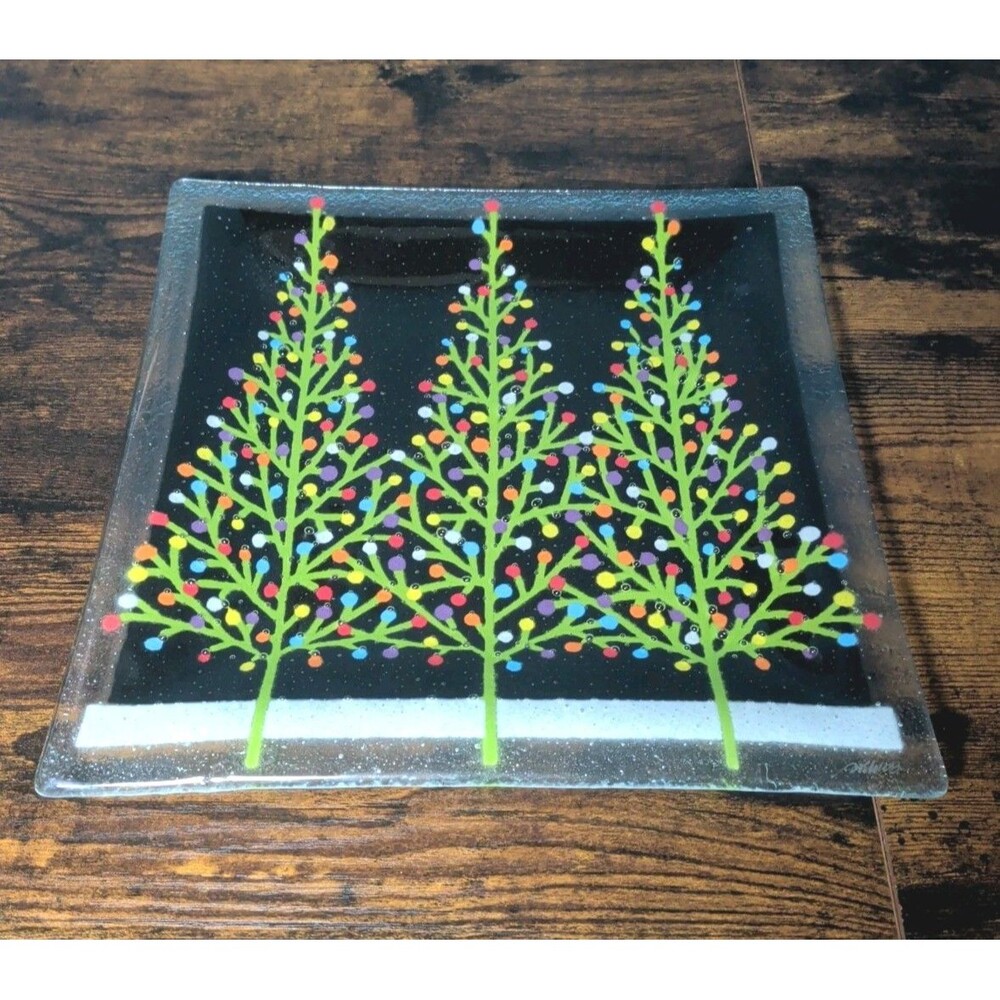Peggy Karr Signed Tannenbaum Christmas Tree Fused Bubbles Glass Plate Server